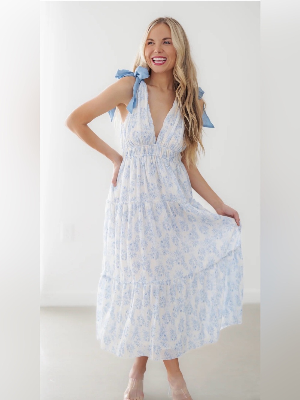 Kate Landry Pale Blue Floral Tie-Shoulder Maxi Dress